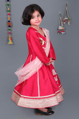 Coral lace work anarkali with peach dupatta