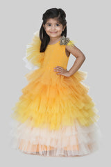 Exquisite Mustard Yellow Floral And Pearl Embellished Ruffled Gown