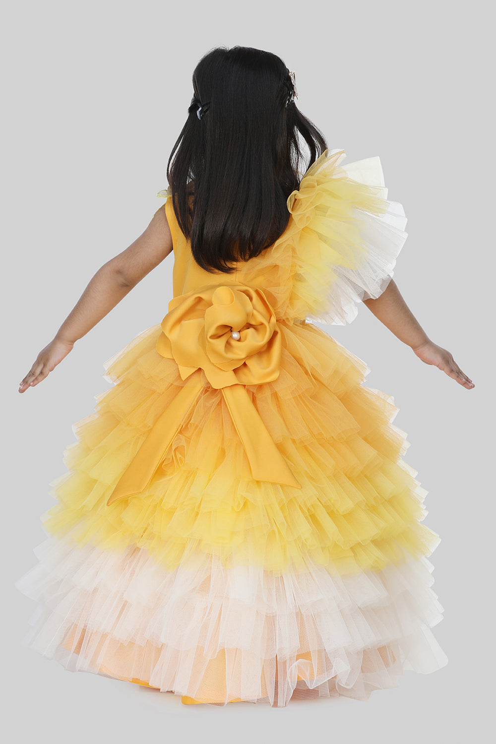 Exquisite Mustard Yellow Floral And Pearl Embellished Ruffled Gown