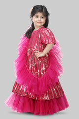 Hot pink sequance work anarkali with net frill duppatta