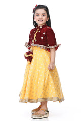 Yellow Anarkali With Marron Velvet Jacket