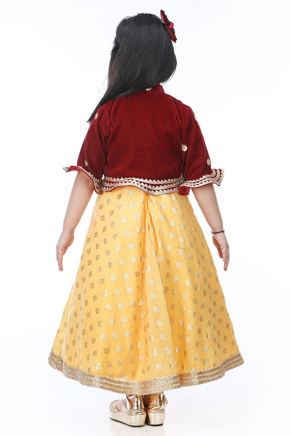 Yellow Anarkali With Marron Velvet Jacket