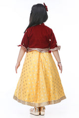 Yellow Anarkali With Marron Velvet Jacket