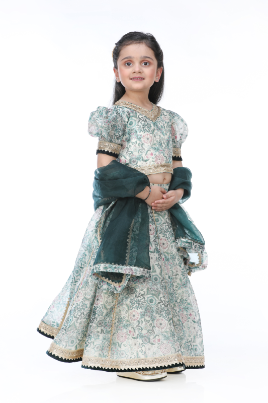 Beutiful green printed lehenga choli with gold lace finishing and duppatta