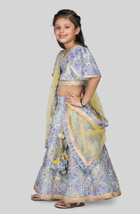 Lilac print lace work lehenga choli with yellow net duppatta