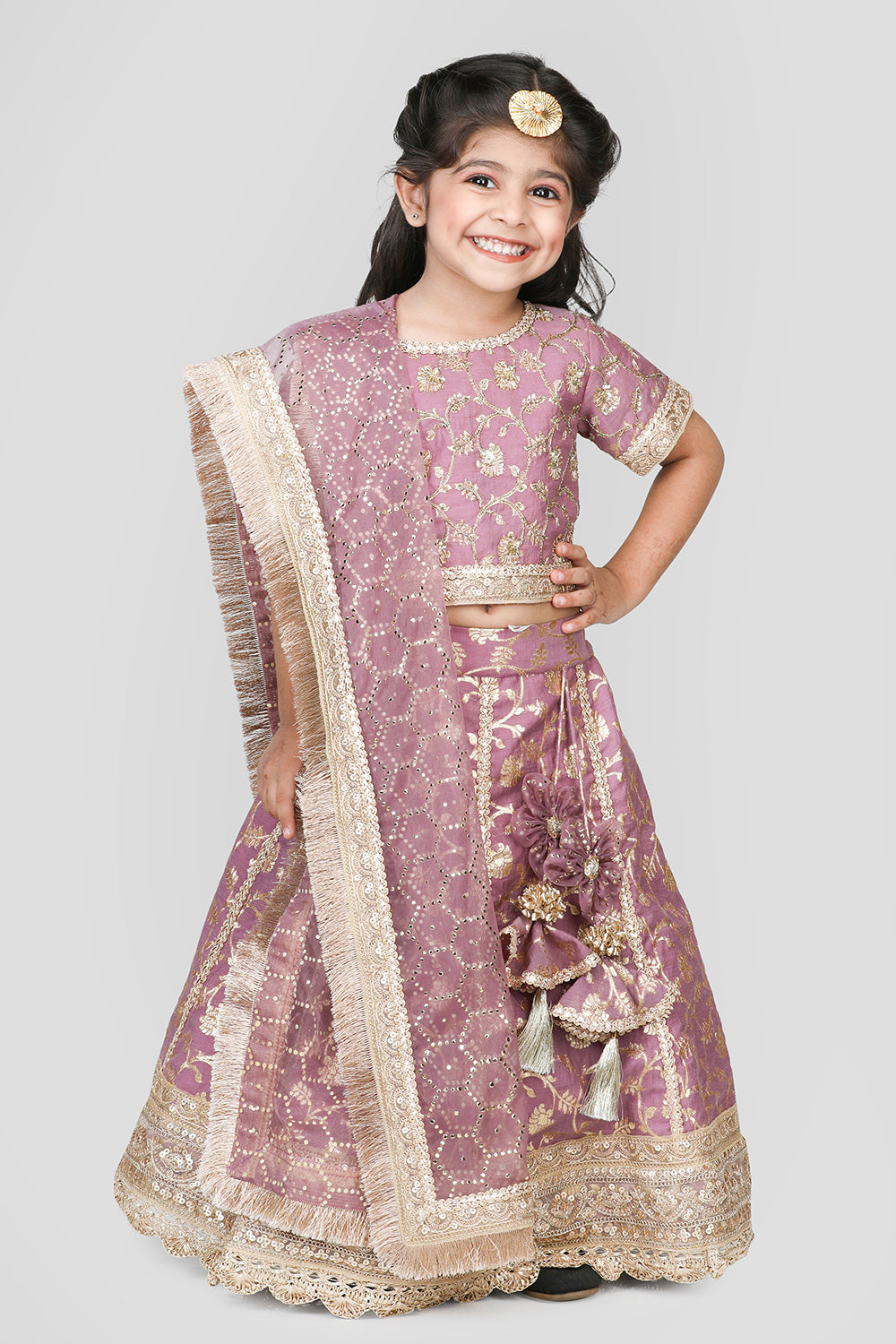 Lilac Cotton & Poly Embroidered Lehenga Set For Girls