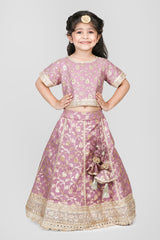 Lilac Cotton & Poly Embroidered Lehenga Set For Girls