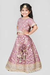 Lilac Cotton & Poly Embroidered Lehenga Set For Girls