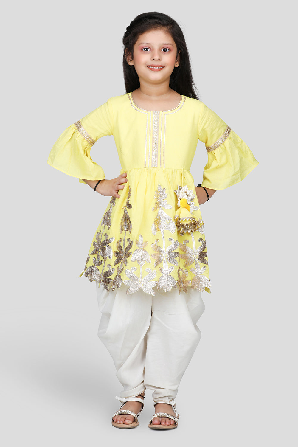 Floral lace work kurti with off White dhoti