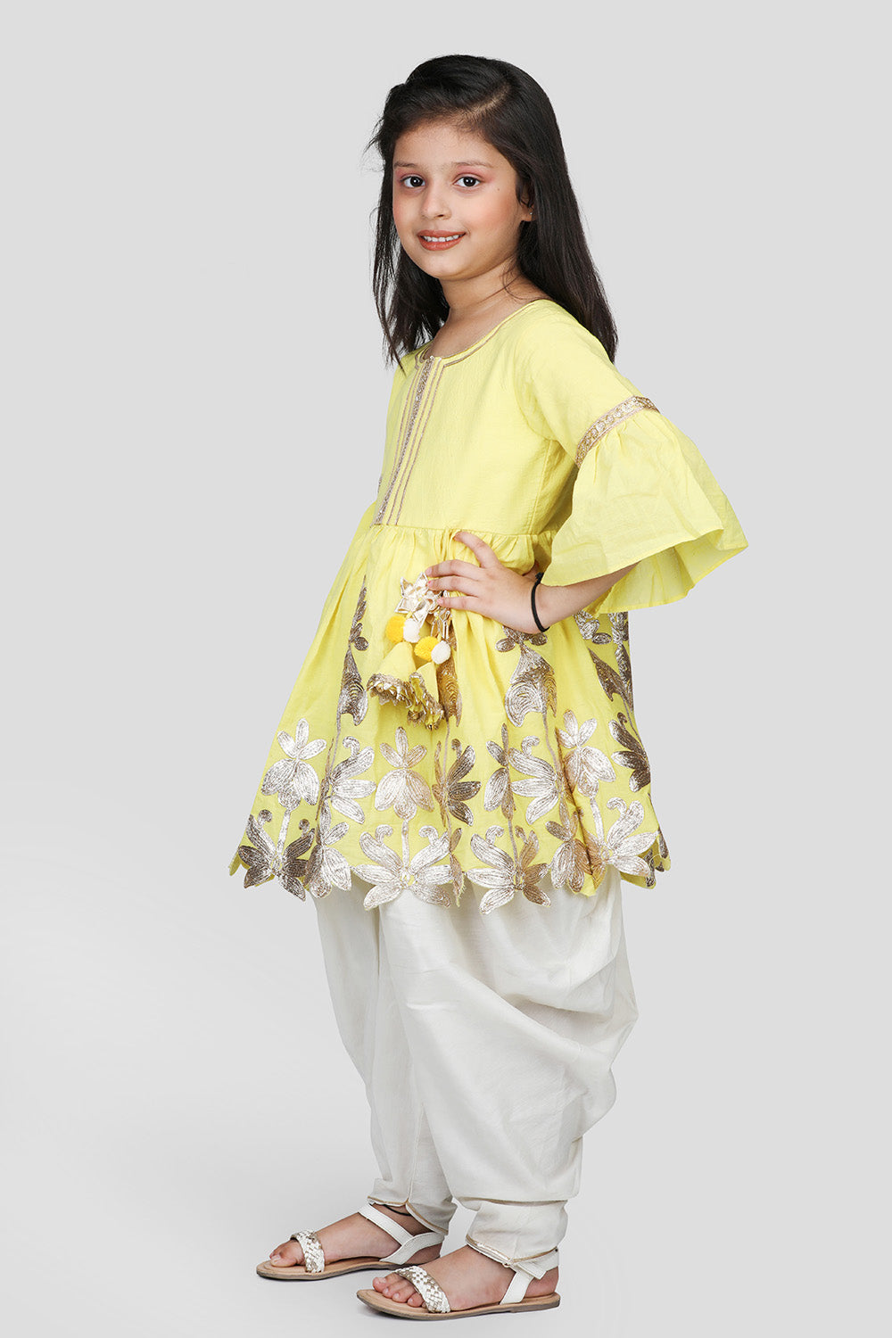 Floral lace work kurti with off White dhoti