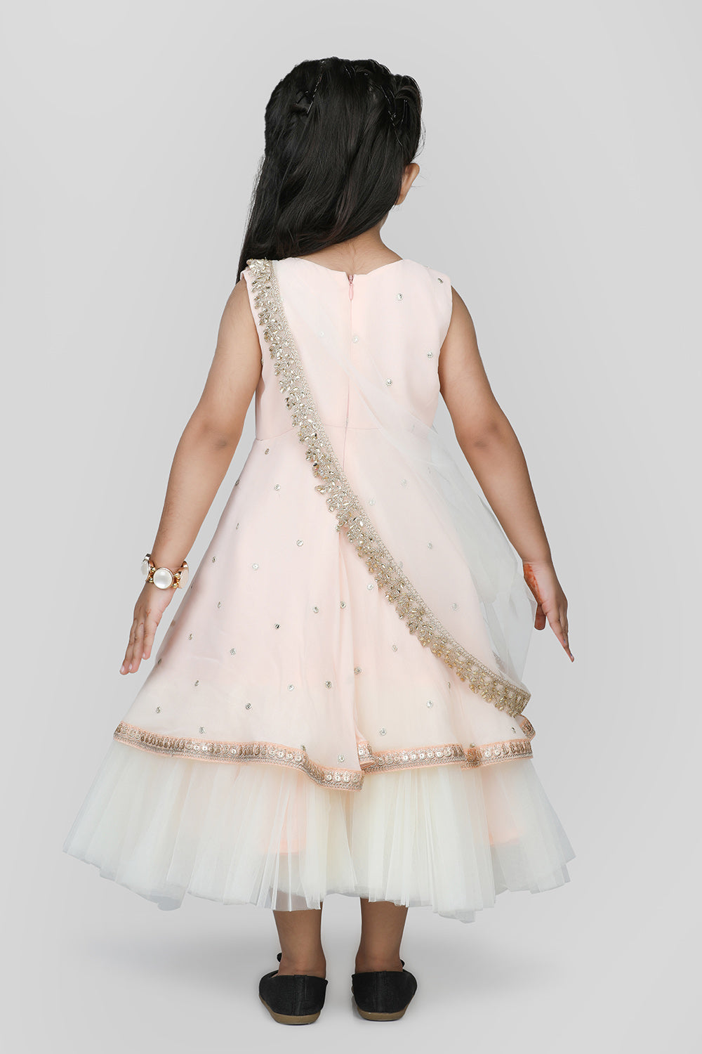 Peach Embroidered Gown With Draped Dupatta