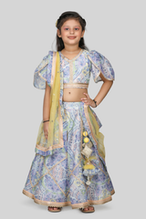 Lilac print lace work lehenga choli with yellow net duppatta