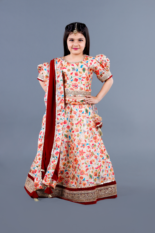 Multi color flower print lehenga choli with maroon velvet dupatta