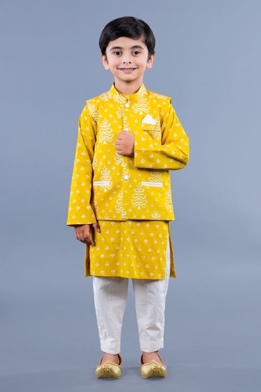 Olive Khadi print kurta jacket set with off white pant