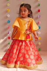 Yellow angrakha style top and red floral lehenga