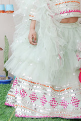 Sea green and rani pink embroidered choli and lehenga with frilly dupatta