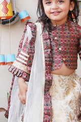 Brown printed top and floral printed ghagra with dupatta