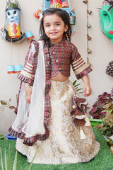 Brown printed top and floral printed ghagra with dupatta