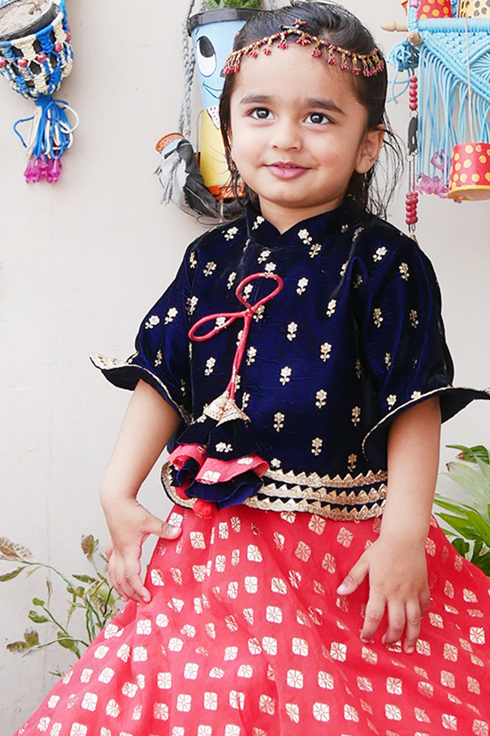 Red Anarkali With Navy Blue Velvet Jacket