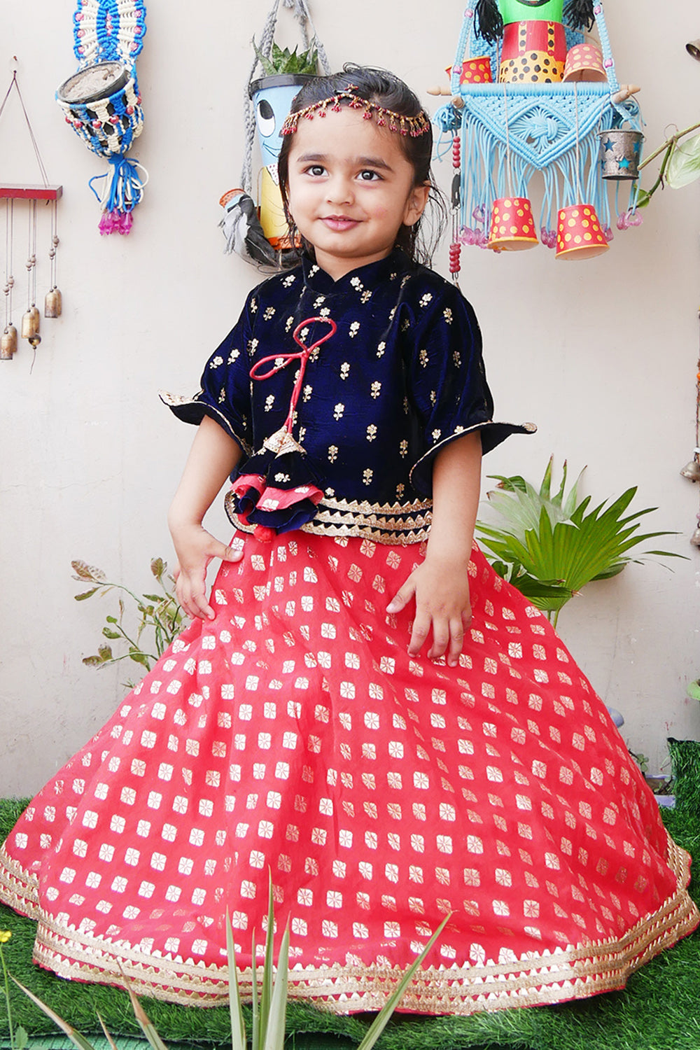 Red Anarkali With Navy Blue Velvet Jacket