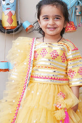 Yellow embroidered choli and lehenga with frilly dupatta