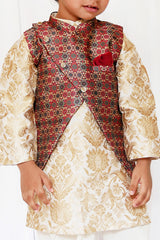 Embroidered banarsi kurta with printed jacket and chudidar