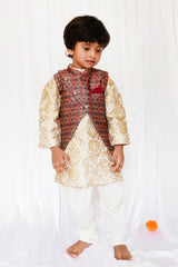 Embroidered banarsi kurta with printed jacket and chudidar