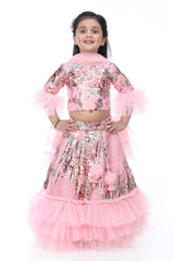 Pink Floral Print Lehenga Set For Girls