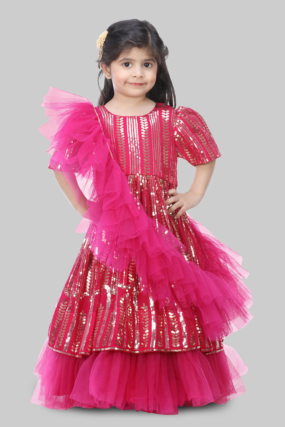 Hot pink sequance work anarkali with net frill duppatta