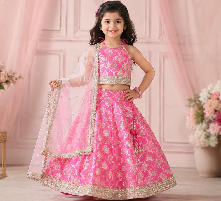 royal pink golden work chanderi lehenga choli set