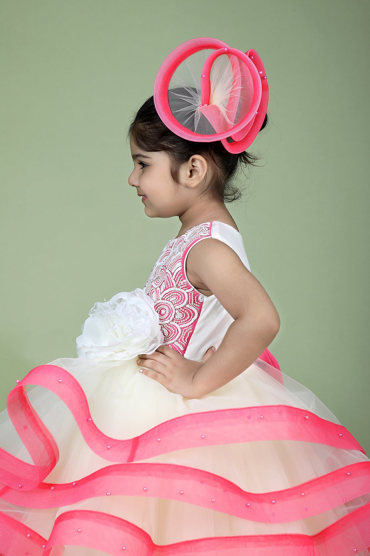 White Bead Embroidered Gown For Girls