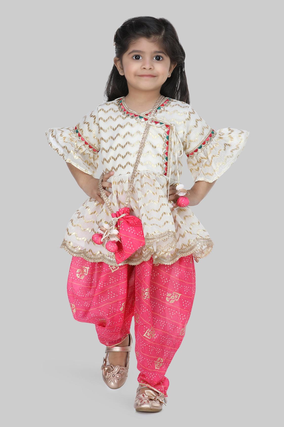 White Chanderi Kurta And Dhoti Pant Set For Girls