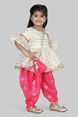 White Chanderi Kurta And Dhoti Pant Set For Girls