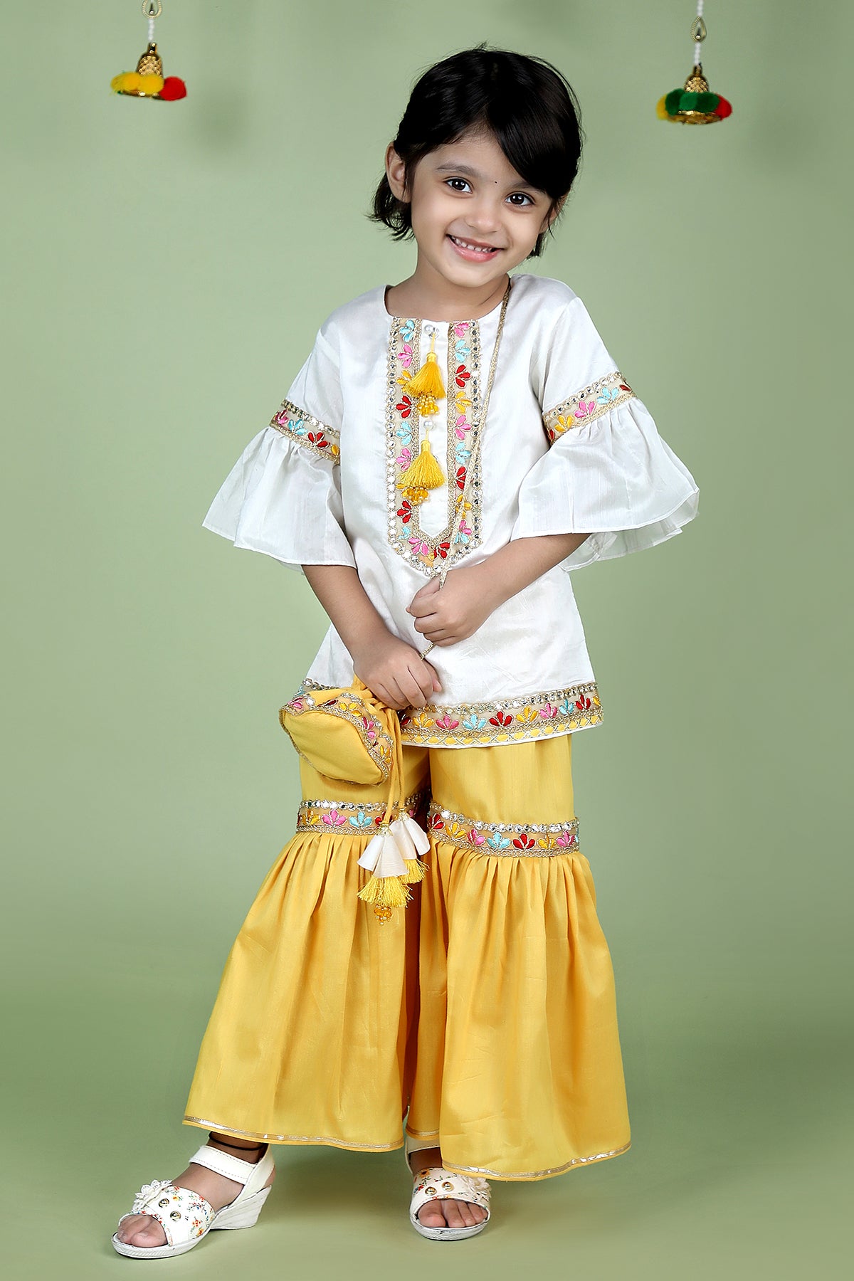 White Embroidered Kurta Sharara Set For Girls