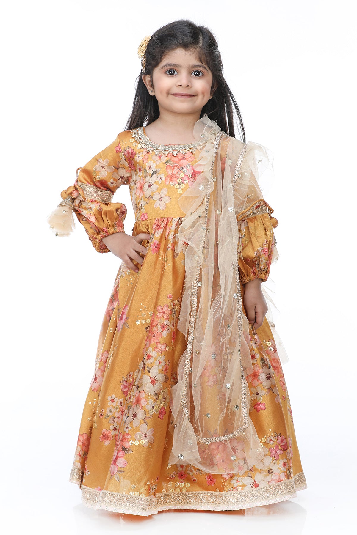 Mustered printed with embroidered anarkali and dupatta