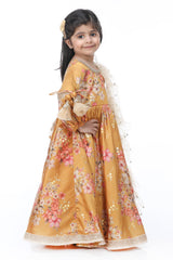 Mustered printed with embroidered anarkali and dupatta