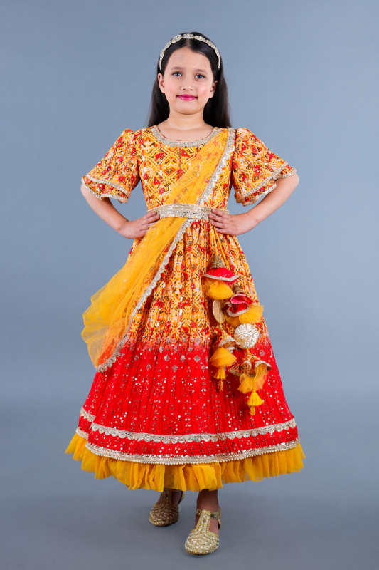 Yellow print with embroidered anarkali and side drape duppatta