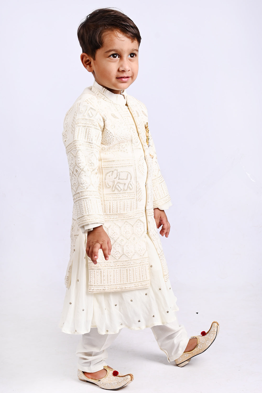 Elegant Thread Embroidered Off White sherwani with kurta and churidar