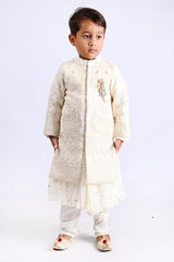 Elegant Thread Embroidered Off White sherwani with kurta and churidar