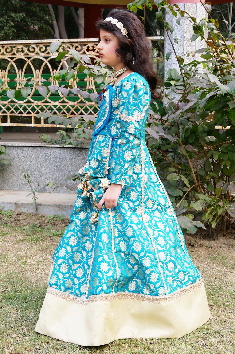 Torque blue Brocade anarkali with dupatta set