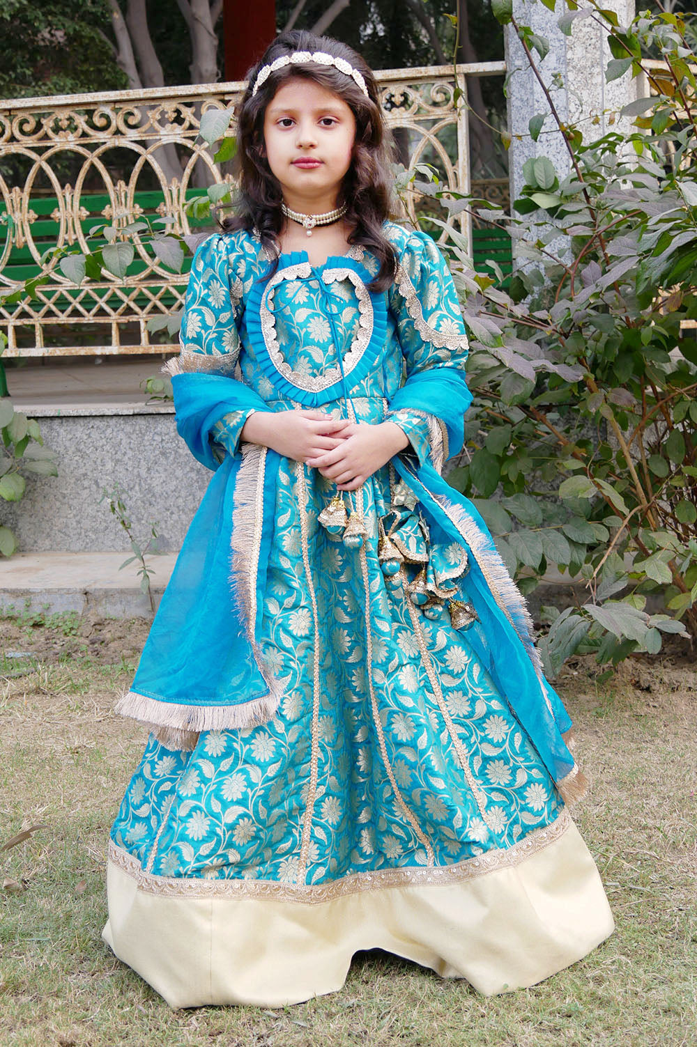 Torque blue Brocade anarkali with dupatta set