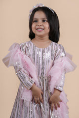 Pink sequance work anarkali with net frill duppatta