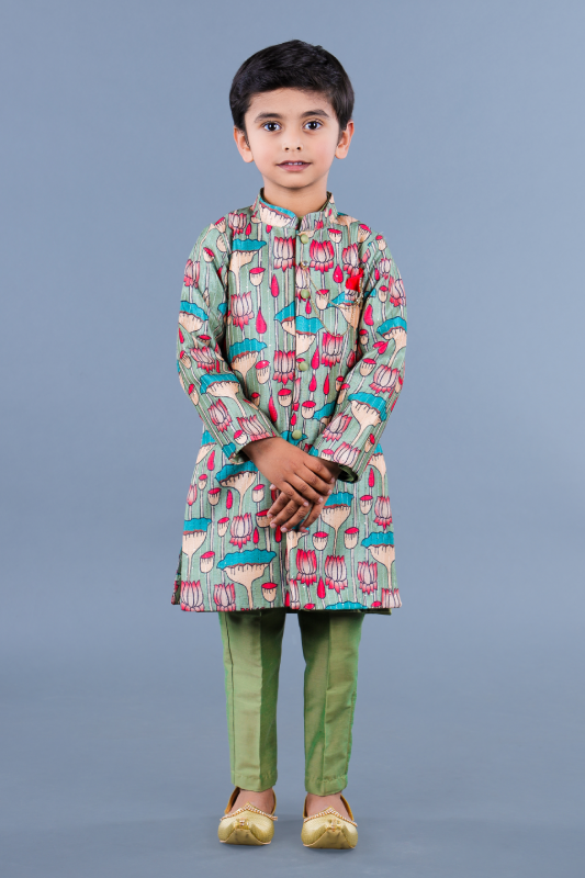 Lotus print long achkan with stright pant