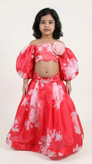 Red printed balloon sleeves top and printed lehenga