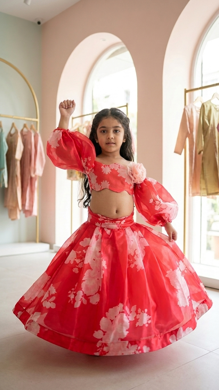 Red printed balloon sleeves top and printed lehenga