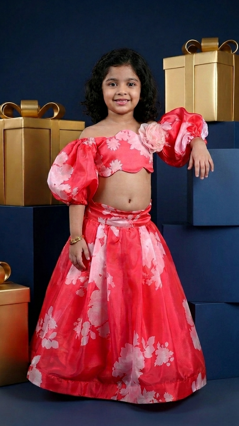 Red printed balloon sleeves top and printed lehenga