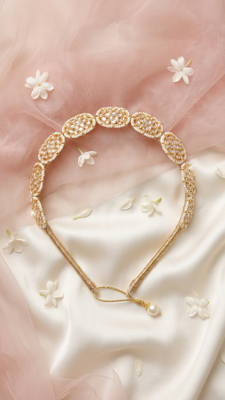 Artificial White Stones And Beads Work String Hair Band