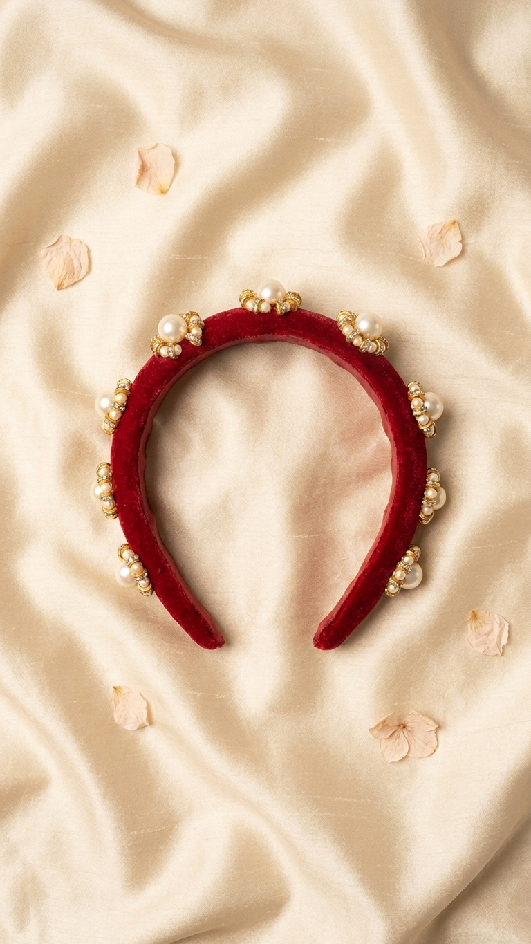 Beautiful Maroon Pearly Velvet Hair Band