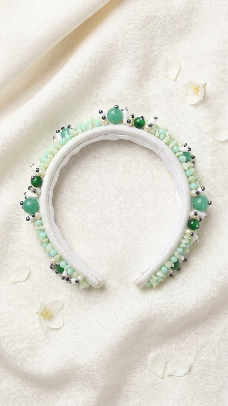 Green & white beads hand work hair bands