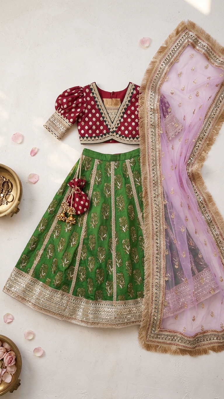 Hand embroidered parrot green lehenga with choli